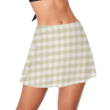 Imagem de Saia de natação feminina xadrez creme cintura alta roupa de banho para mulheres saia de natação com calcinha, Verde menta, M