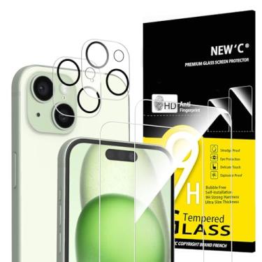 Imagem de NEW'C Pacote com 4, 2 protetores de tela para iPhone 15 [6,1 polegadas] + 2 protetores de lente de câmera, proteção de sensor, película de vidro temperado compatível com capas