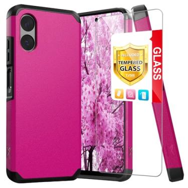 Imagem de TJS Capa compatível com Motorola Moto G Play 4G (2024), com protetor de tela de vidro temperado, suporte magnético híbrido de camada dupla, à prova de choque, capa resistente (rosa)