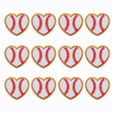Imagem de SaktopDeco 12 peças aplique de coração de beisebol com bordas douradas chenille beisebol ferro em apliques de coração de beisebol para roupas decorativas DIY