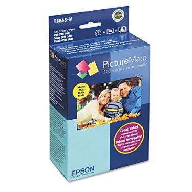 Imagem de Epson O pacote de impressão PictureMate T5845-M inclui cartucho de jato de tinta, 100 folhas de papel fotográfico fosco, 1 cartucho contendo; preto, ciano, magenta, amarelo