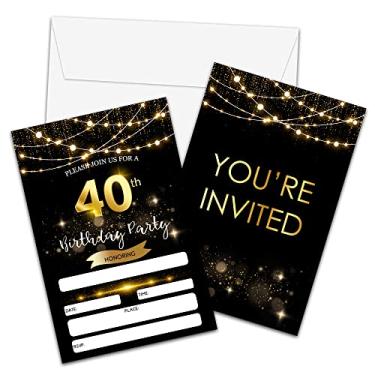 Imagem de Convites de aniversário de 40 anos com envelopes - Cartões de convites de preenchimento de glitter dourado preto - Cartão de convite de festa de aniversário surpresa para ele/ela - Decorações de