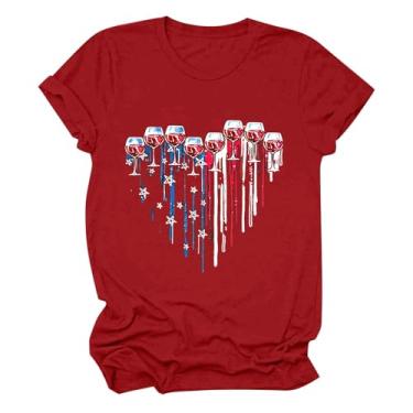Imagem de Camiseta feminina de 4 de julho com estampa de taças de vinho, manga curta, verão, dia da independência, Vermelho, GG