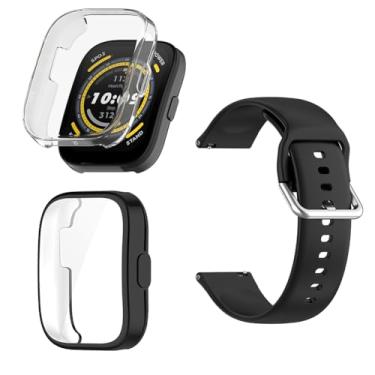 Imagem de FCMEDZI Compatível com capa Amazfit Bip 5 pacote com 2 + pulseira de silicone | Capa protetora de TPU de cobertura total, protetor de tela antiarranhões | Combo de acessórios para smartwatch