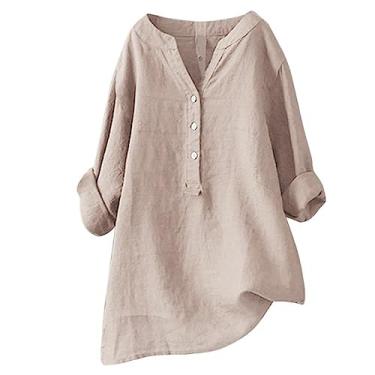 Imagem de Lainuyoah Camisa feminina de algodão e linho, abotoada, casual, manga comprida, caimento solto, gola alta, trabalho, blusa lisa grande, D #bege, 3G