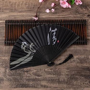 Imagem de YQHWLKJ Ventilador dobrável estilo chinês vintage, ventiladores de mão de pano de bambu, decoração de casa, presentes de casamento, festa de dança, ventiladores portáteis
