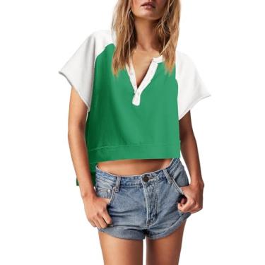 Imagem de Panadila Blusas femininas de manga curta cropped Henley camisetas coloridas camisetas casuais verão lindo pulôver, Verde-branco, G