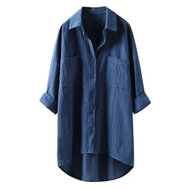Imagem de Lainuyoah Vestidos de verão casuais para mulheres 2024 túnica moderna blusa de treino gola trabalho abotoado tops de linho, B - azul, P
