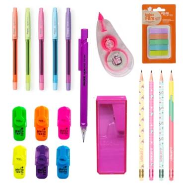 Imagem de Kit Material Escolar Neon Com 19 Itens Lapis Caneta Colorida Marca Texto Apontador Corretivo - Leo e Leo