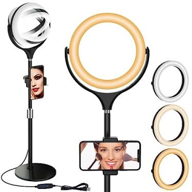 Imagem de Anel de luz de mesa de 20 cm com suporte, luz circular de computador ajustável para iluminação de videoconferência, chamadas de zoom, reunião virtual, gravação de vídeo, luz de selfie com suporte de