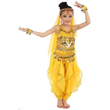 Imagem de Cielary Conjunto de fantasia infantil para meninas dança do ventre frente única calça harém roupa de Halloween com véu de cabeça, corrente de cintura e pulseiras (M(altura: 119,4 cm-132 cm), amarelo)