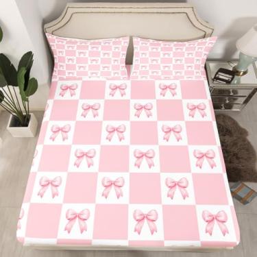 Imagem de Jogo de lençol com elástico Princess Bowknots com 2 fronhas, laço rosa sonhador de microfibra feminino, quadriculado geométrico, xadrez, patchwork, rosa, branco, lençol Queen