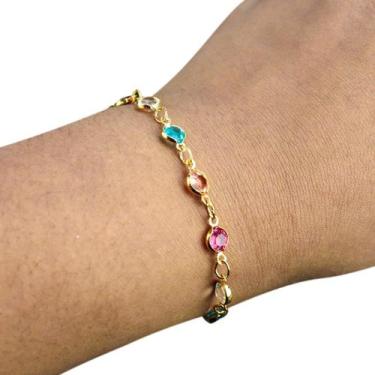Imagem de Pulseira feminina banhada ouro aço inox zirconias + saquinho social pr