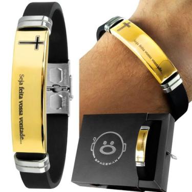 Imagem de Pulseira masculina placa pai nosso banhada dourada ouro + caixa casual