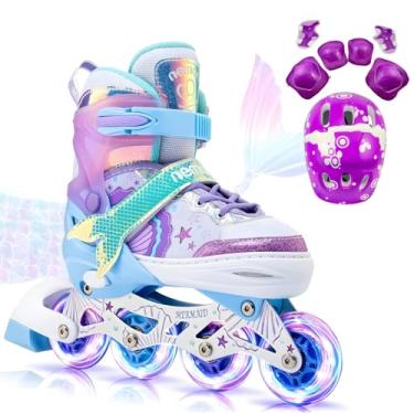 Imagem de Patins Roller Inline 4 Rodas Skates Ajustavél com Roda Iluminada Jovens e Adultos, Para iniciantes, Uso Interno e Externo + Kit Completo com Capacete e Proteções (Roxo/Sereia, Roller M (32 ao 35))