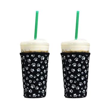 Imagem de Luva reutilizável de neoprene isolado para bebidas de café gelado | Suporte para copo de bebida fria para café Starbucks Coffee, McDonalds, Dunkin Donuts, Tim Hortons e mais (2 pacotes médios 623-680 g, estampa de patas de animal preto)