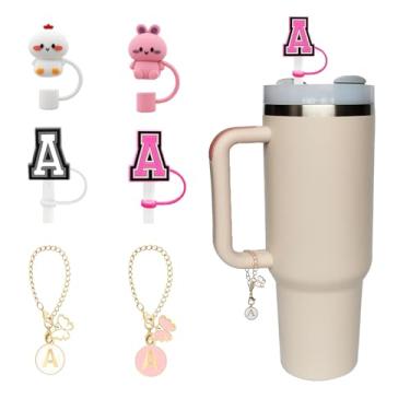 Imagem de Generic (4+2) 4 peças de topo de palha para copo Stanley 30 e 1,134 g - 10 mm tampas de palha de silicone com 2 peças pingentes de letras nome ID letra inicial alça personalizada para Stanley Tumbler