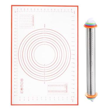Imagem de HARFINGTON 2 rolos de massa de 40 cm x 4 cm antiaderentes com tapete de silicone para pastelaria, anéis guia ajustáveis, rolo de massa, ferramentas de decoração de cozinha para biscoitos, pastelaria,