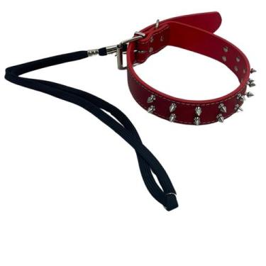 Imagem de kit coleira e guia Couro Spikes Cães American Bully Boxer - H2, Vermel