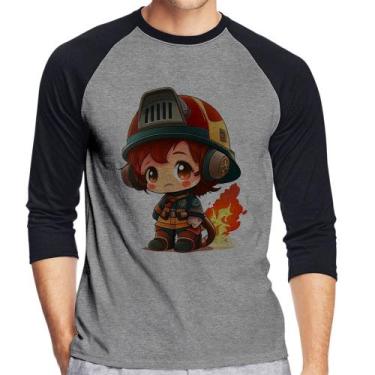Imagem de Camiseta Raglan Bombeiro Mirim Manga 3/4 - Foca na Moda, Cinza, Preto,