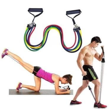 Imagem de Kit 5 Elasticos Extensores Tubing  11 peças total Fitness Exercicios E