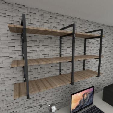 Imagem de Prateleira industrial para escritório aço cor preto mdf 30cm cor amade