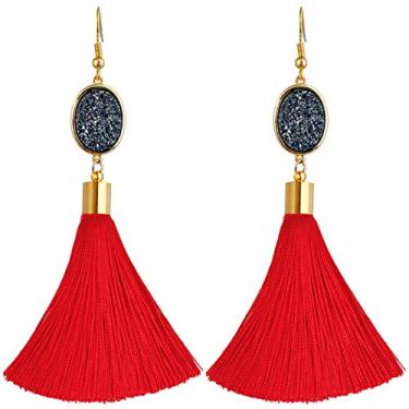 Imagem de Brincos de gota de borla Nupuyai para mulheres, brincos pendentes de pedra de quartzo de cristal Boêmio Drusy para meninas Vermelho