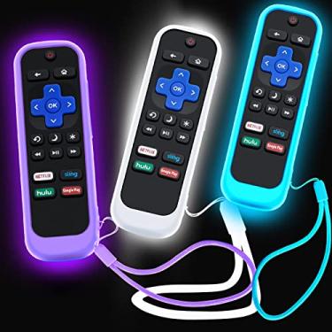Imagem de Pacote com 3 capas para controle remoto Roku, capa para TCL Roku TV Steaming Stick/Hisense/Express controle de substituição universal capa de silicone pele brilha no escuro roxo azul branco