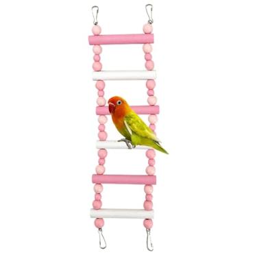 Imagem de Escada de escalada de madeira, contas de madeira coloridas, escada de escalada, periquito, brinquedo de pássaro com gancho para pendurar (rosa, 6 degraus)