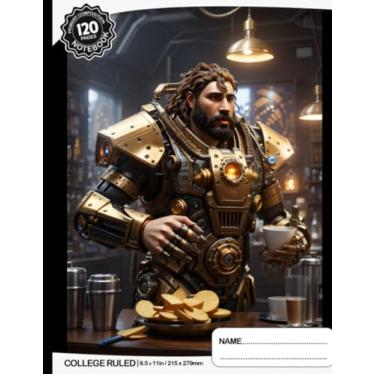 Imagem de Composition Notebook College Ruled: Neanderthals Steampunk Robot Serving Coffee and Chips, Highly Detailed Digital Painting, Concept Art with Cinematic Lighting, Size 8.5x11 Inches, 120 Pages