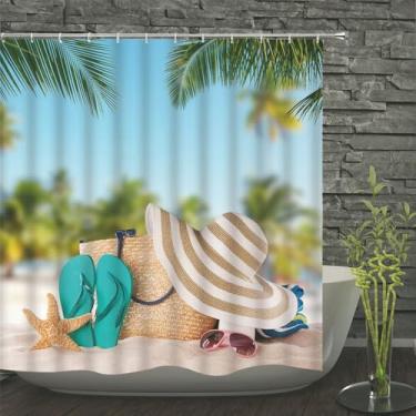 Imagem de Cortinas de chuveiro à prova d'água estampadas com conchas do mar e ondas do mar, cortina de banho, tela de banho de poliéster com 12 ganchos, JWW211, 180 * 180 cm