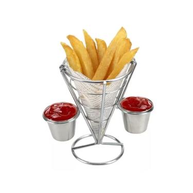 Imagem de Petisqueira Cone Com Molheira Porta Batata Frita Inox
