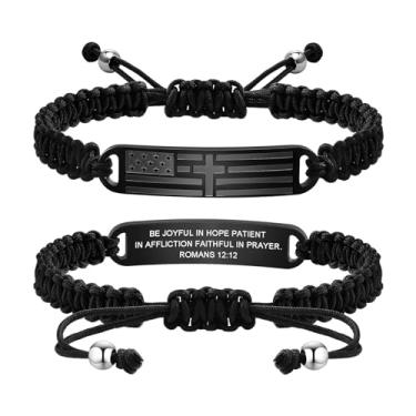 Imagem de TempBeau Pulseira de cruz masculina - corrente de aço inoxidável com versículo bíblico preto com bandeira americana, ideias de presente de aniversário, confirmação de primeira comunhão, batismo,