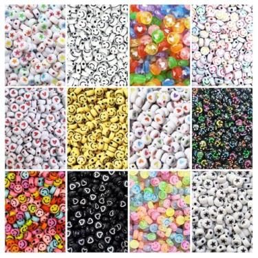 Imagem de Kit 1200 pçs Miçangas Entremeio Smile Coração e Entrela + Fio p/montar Bijuteria Colar Pulseira Infantil Missanga Artesanato