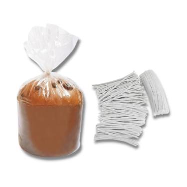 Imagem de Kit C/ 100 Un. de Saco Plástico P/ Panetone 250g Liso + 100 Un. de Fecho Branco 8cm