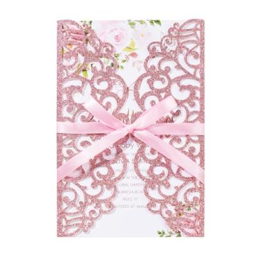 Imagem de Crisjanggo 25 kits de convite de casamento com corte a laser com glitter rosa bolsos personalizados para convites 5 × 7 convites com envelopes e cartões de resposta em branco para casamento, chá de