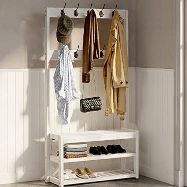 Imagem de Cabideiro para sapato, entrada, árvore resistente com banco de armazenamento, banco organizador de armazenamento com design 3 em 1 com ganchos removíveis, suporte de sapateira de madeira fácil de