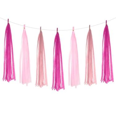 Imagem de PATIKIL Faixa de guirlanda de borla, 15 peças de papel de seda, borlas, decoração de festa, kits DIY para chá de noiva, casamento, aniversário, fúcsia/rosa/rosa claro