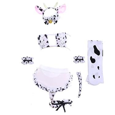 Imagem de JasmyGirls Lingerie feminina sexy cosplay de empregada de leite peludo, fantasia de vaca Kawaii, conjunto de biquíni de anime, mini sutiã e calcinha de leopardo, Branco 2, Small - XX-Large