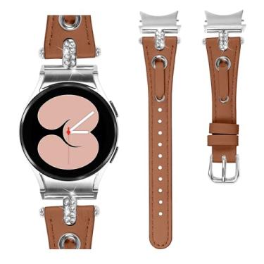 Imagem de DEALELE Pulseira compatível com Samsung Galaxy Watch 6/Galaxy Watch 5/Galaxy Watch 4 de 40 mm e 44 mm, pulseira de couro de diamante brilhante de 20 mm para mulheres e homens, prata-marrom