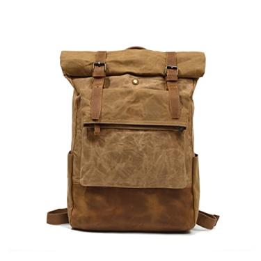 Imagem de Bolsa de viagem de grande capacidade para homens Mochila de lona encerada para homens Mochila masculina vintage Mochila de couro genuíno(Khaki)