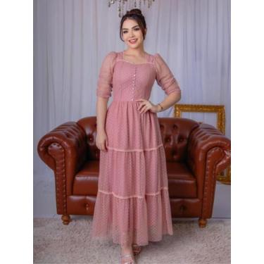 Imagem de Vestido Longo Rodado Tule Elegante Festa Manga 3/4 - Fashion, Rose, P