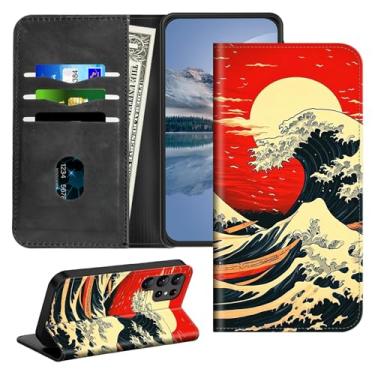 Imagem de HEAKIERG Capa magnética para Sansung Galaxy S25 Ultra 5G de 6,9 polegadas com porta-cartão, capa protetora à prova de choque com suporte para cartão de crédito, capa flip carteira, vermelha e onda do