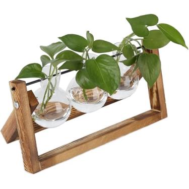 Imagem de Vaso de Vidro Decorativo de mesa, Com Suporte de Madeira e Metal, c/ 3 Vasos de Vidro Redondo, Decoração para Escritório, Cozinha, Sala, Decorativo Minimalista