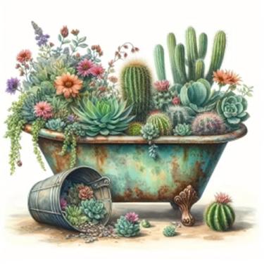 Imagem de KTHOFCY Kits de pintura de diamante DIY 5D para adultos, flores e cactos bordado ponto cruz cristal strass, pinturas, artes, decoração de parede, kits de pintura de pontos 11,8 x 15,17 cm