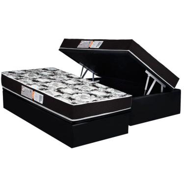 Imagem de Conjunto Box Baú Solteiro: Colchão Molas Luckspuma D33 Supreme Pró Saúde Black + Base crc Suede Black (88x188)