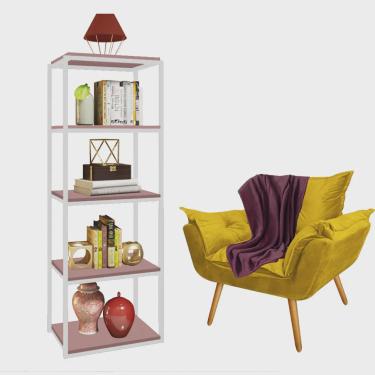 Imagem de Kit Poltrona Fatte com Manta Soft Bordô e Estante Livreiro Ferro Branco mdf Rose Suede Amarelo - Ahazzo Móveis