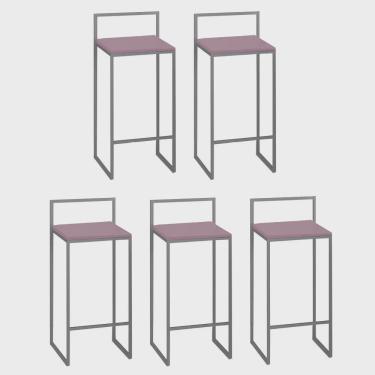 Imagem de Kit 05 Banquetas Alta Com Encosto Lino Industrial Balcão Bistrô Ferro Cinza mdf Madeira Rose Gold - Ahz Móveis