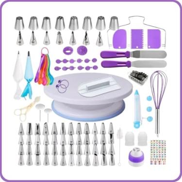 Imagem de Kit Confeiteiro Profissional 137 Peças, Base Giratória 360° 27cm, 55 Bicos de Confeitagem, Espátulas e Acessórios para Decoração de Bolos
