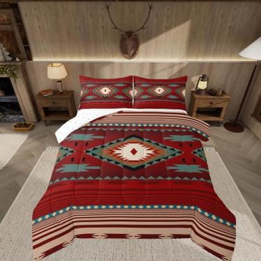 Imagem de Feelyou Conjunto de edredom vermelho rústico ocidental do sudoeste, tribal, tamanho casal, geométrico, boêmio, microfibra macia, oeste, decoração de quarto